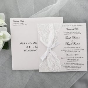 WEDINV170 White lace nd ribbon wedding invitation