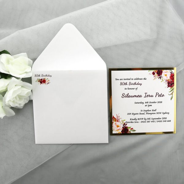BIRINV46 Gold and Burgundy Floral 80th Birthday Invitation with envelope