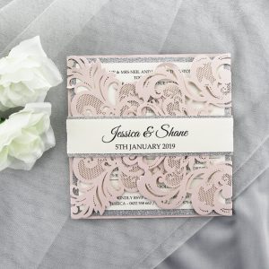 WEDINV179 blush and Silver Glitter lasercur Wedding Invitations
