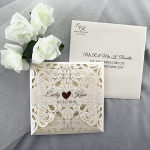 WEDINV180 Rose Gold foiled belly band Ivory Lasercut Wedding Invitation