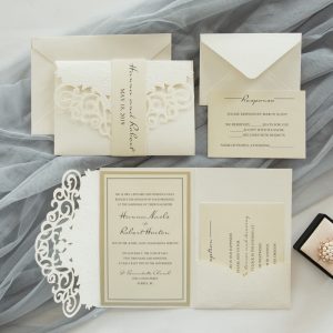 WEDIV175 Ivory embossed wedding invitation with pocket
