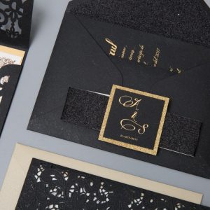WEDINV181 Black envelope with gold foiled wedding invitation