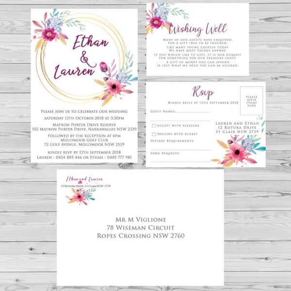 WEDINV183 Pink and blue floral wreath invitation
