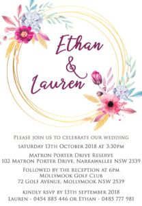 WEDINV183 Pink and blue floral wreath prinited wedding invitaiton