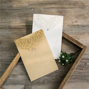LASINV10 Lasercut Flap with Diamante wedding invitations in white and brown