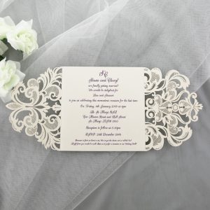 WEDINV172 inside of Purple and Ivory Lasercut Wedding Invitation with belly band