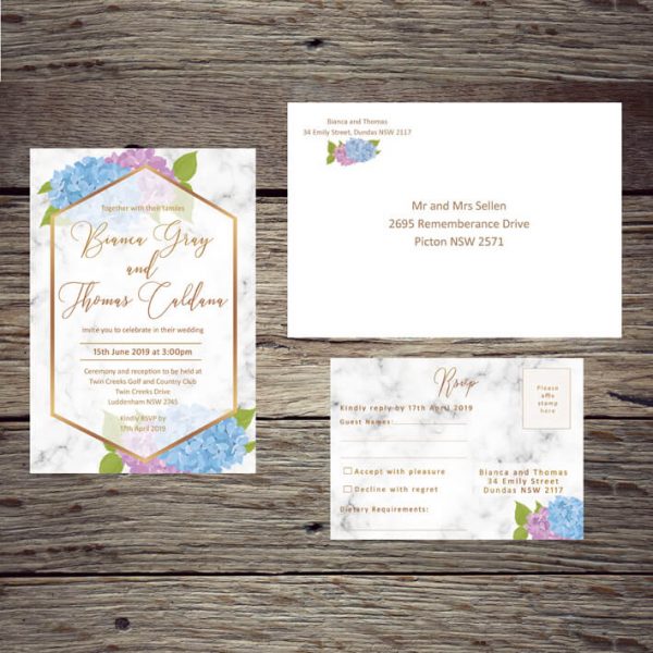 WEDINV186 Marble look blue and purple printed wedding invitation set