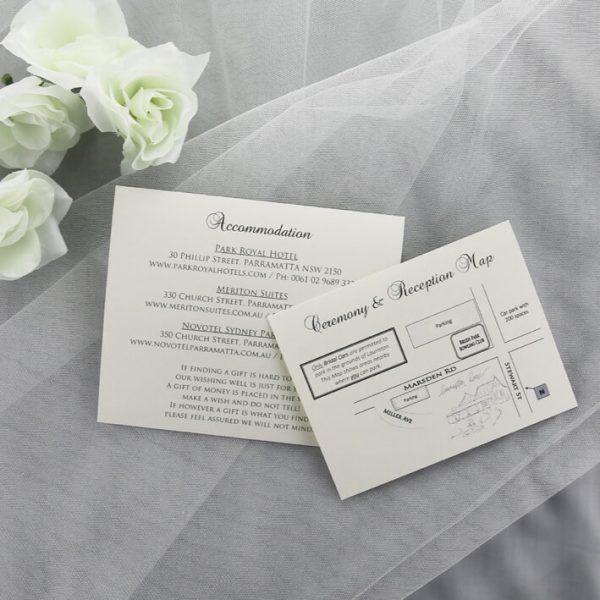 WEDINV188 ivory accomadation and map card printed in charcoal grey