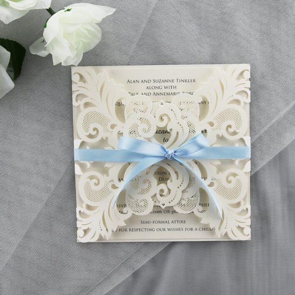 WEDINV188 ivory lasercut invitation with baby blue bow and printed in grey