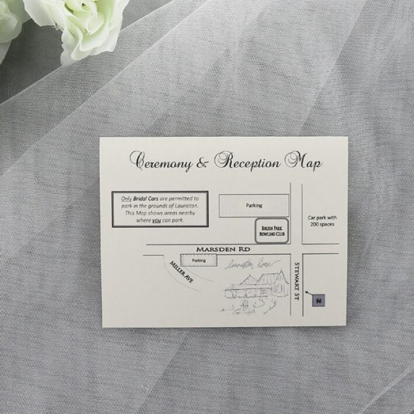 WEDINV188 ivory map card printed in charcoal grey