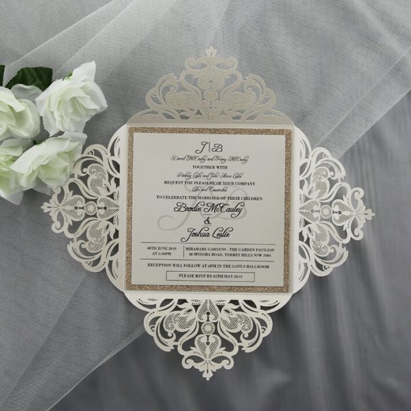 WEDINV191 inside of Rose Gold Glitter Ivory Lasercut Wedding Invitations