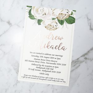 WEDINV192 white Floral wedding invitation with detail rose gold foil