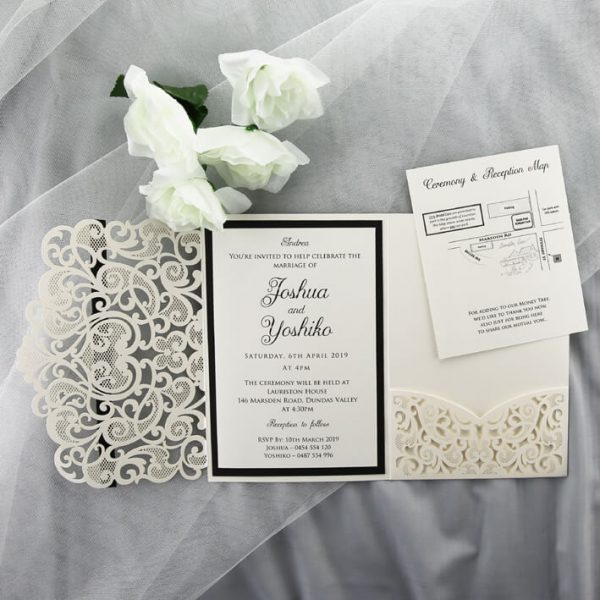 WEDINV193 inside of Ivory and black lasercut invitation with diamante pocket and map card