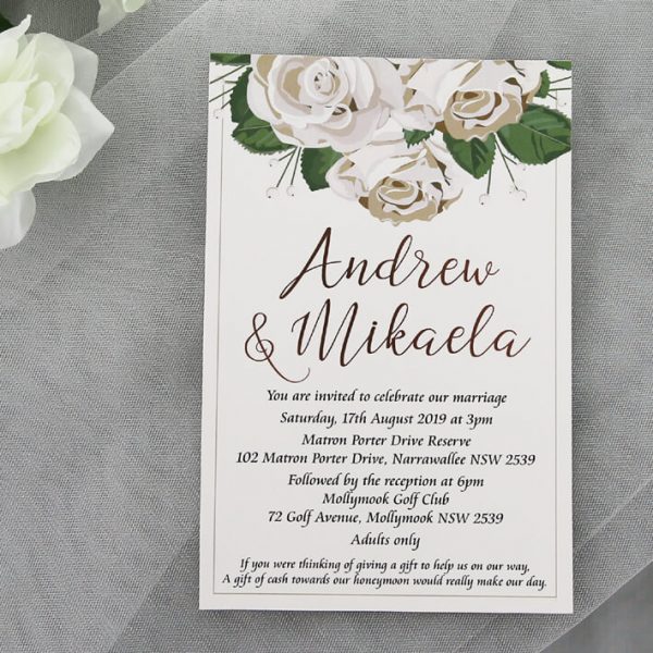 WEDINV195 Rose Gold Foiled White Floral Printed Wedding Invitations