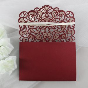 WEDINV113 inside panel of burgundy lasercut sweetheart floral weddining invitations with pocket