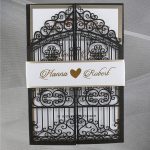 WEDINV138 Black lasercut gates wedding invitation with silver foil and belly band