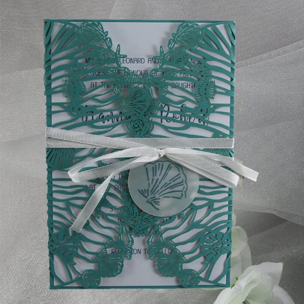 WEDINV147 Teal seashell lasercut wedding beach invitation
