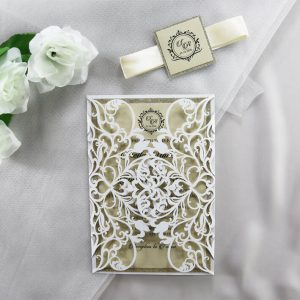 WEDINV202 White lasercut wedding invitation with gold glitter front 300x300
