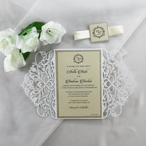 WEDINV202 White lasercut wedding invitation with gold glitter inside 300x300