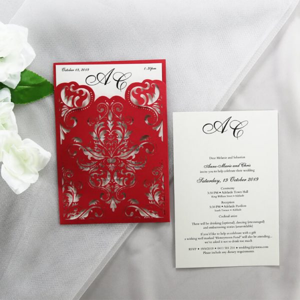 WEDINV205 Red and ivory pocket lasercut wedding invitation 2 sided